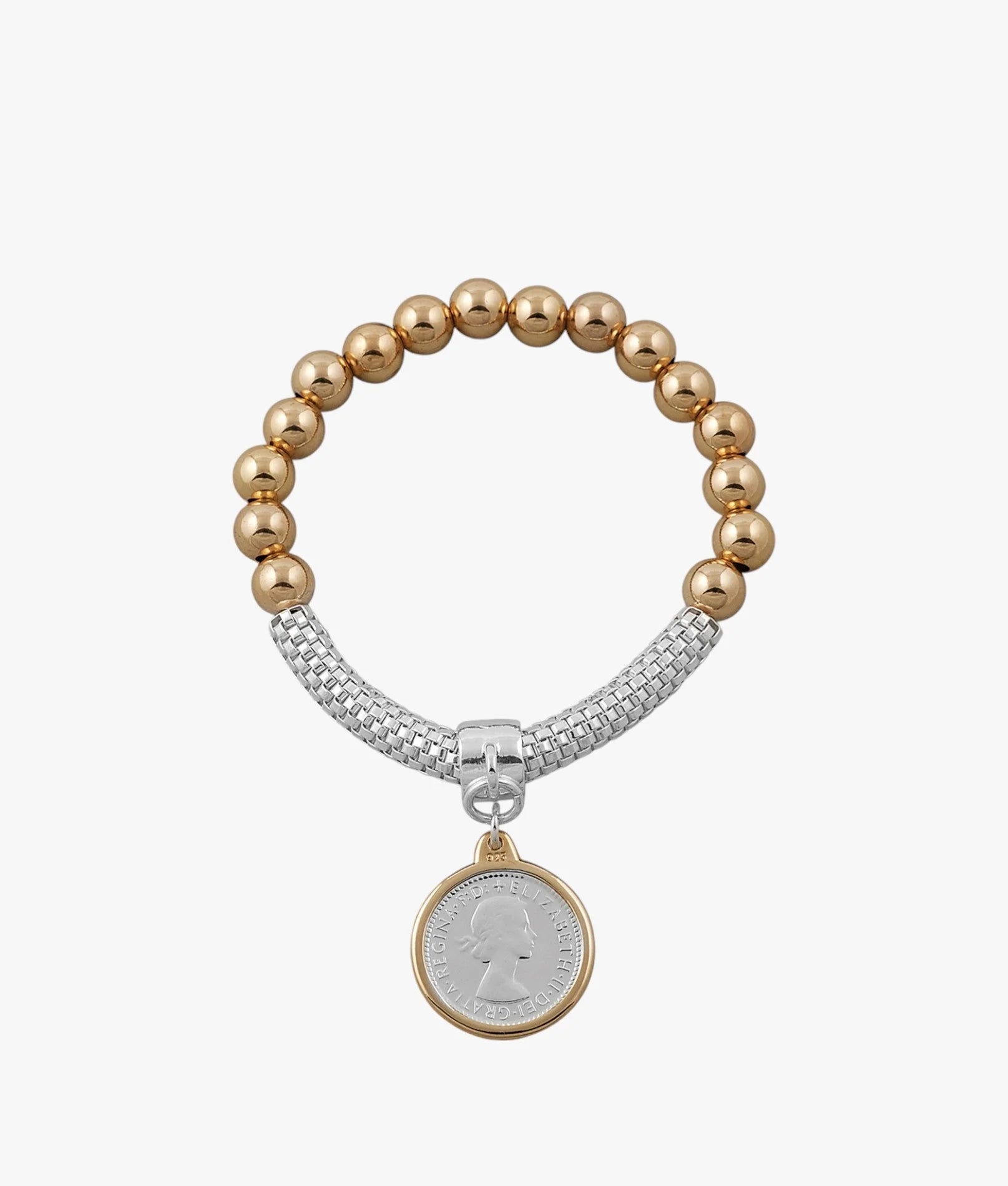 VON TRESKOW 8mm Yellow Gold Filled Ball & Mesh Bracelet w 2 Tone Sixpence