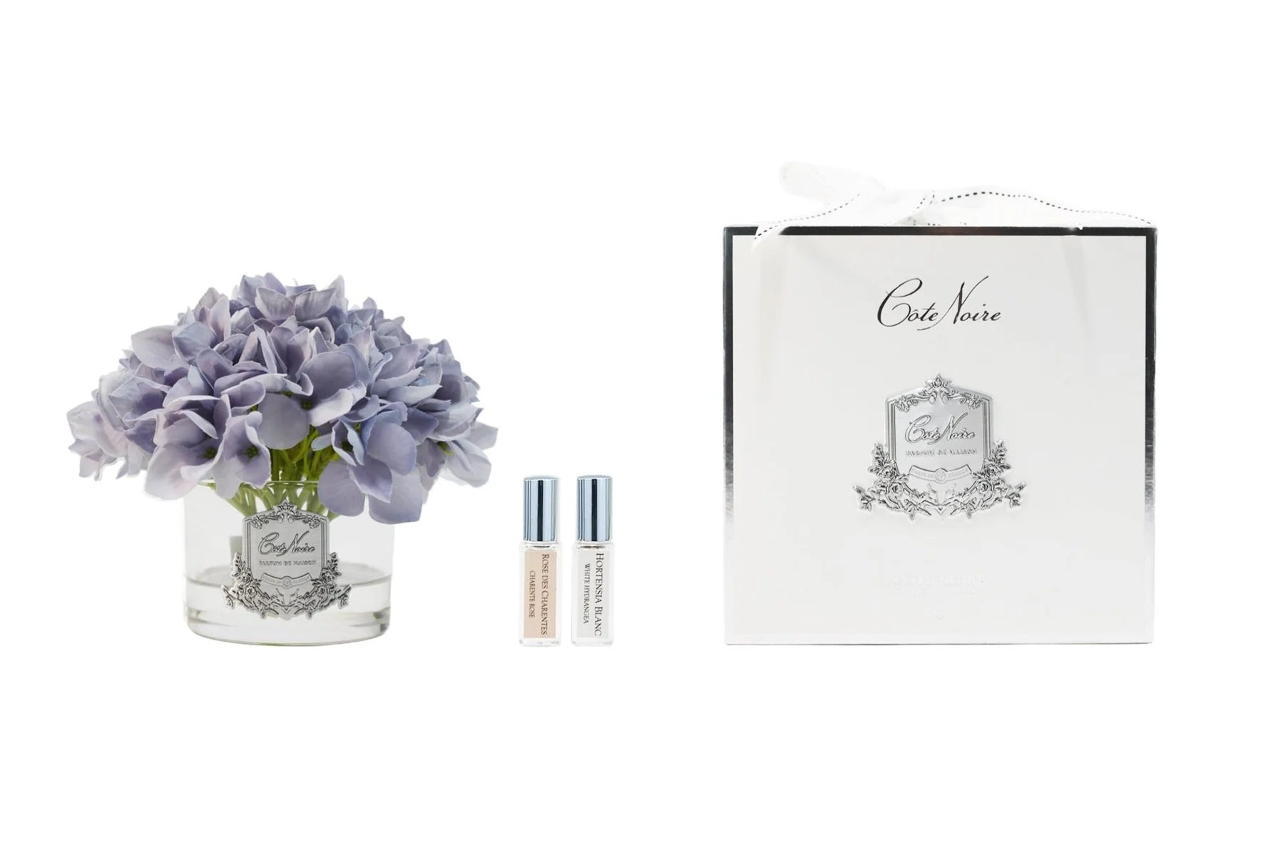 Cote Noire perfumed hydrangea gift set with two fragrance sprays and luxury ribboned box