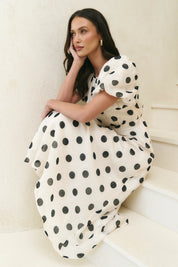 Cream black polka dot puff sleeve maxi dress elegant women’s fashion with bias cut draped design soft breathable fabric fitted tie waist and floaty skirt romantic occasion outfit