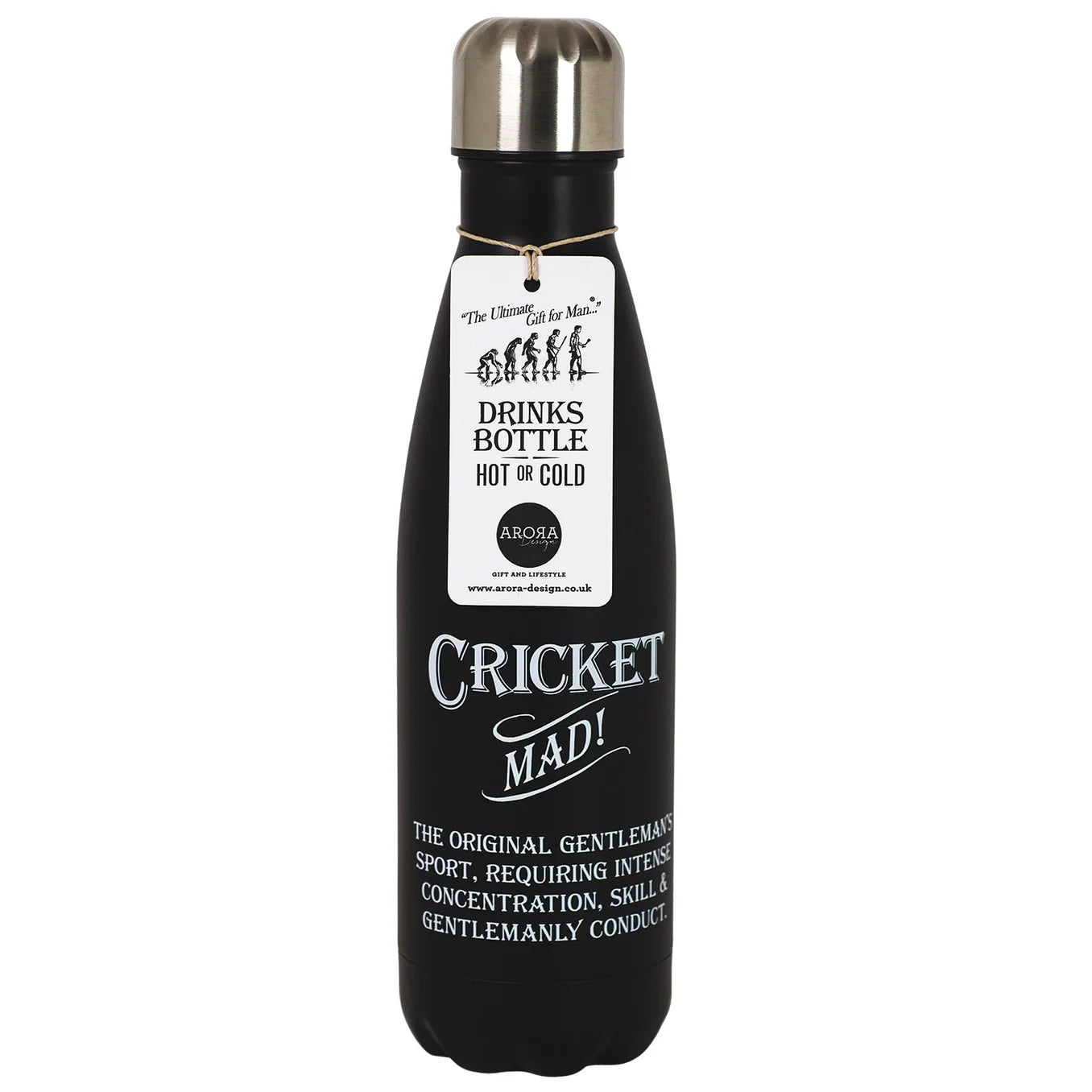 Cricket Mad Drinks Bottle, insulated stainless steel water bottle for hot or cold drinks, black sports bottle gift for cricket fans