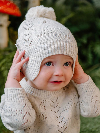 FLEUR HARRIS Pointelle Knit Aviator Beanie -Cream
