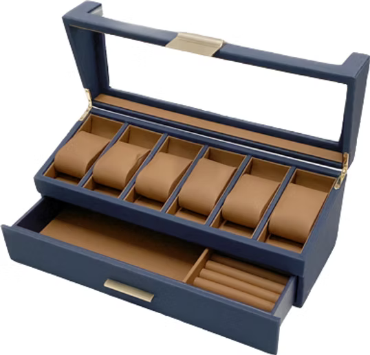 Watch Jewellery box Navy/Tan 6 pc