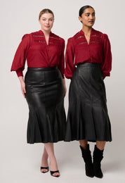 Once Was Gillian Cotton Silk Smocked Shirt in Ruby