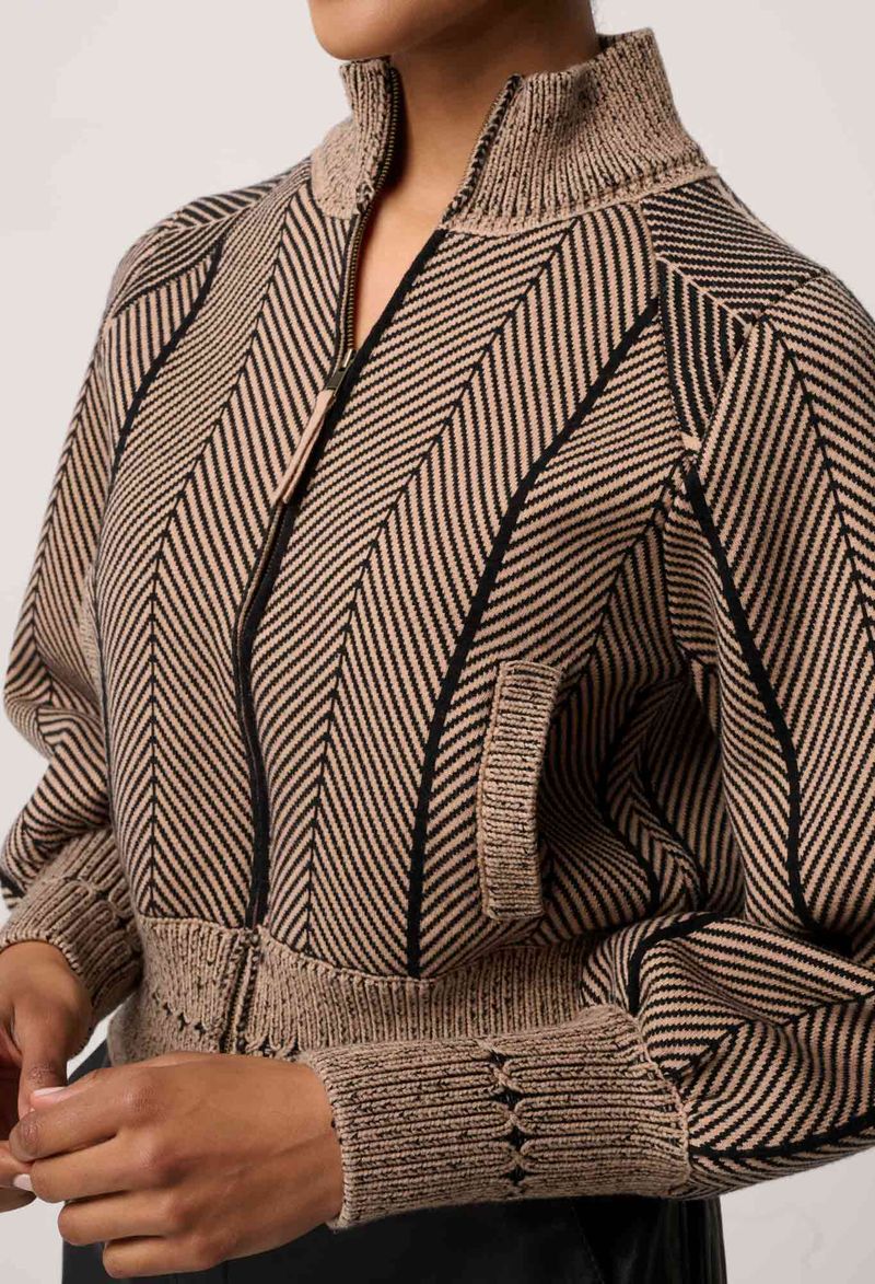 Jeanne Wool Blend Textured Knit Bomber Jacket in Tan Chevron
