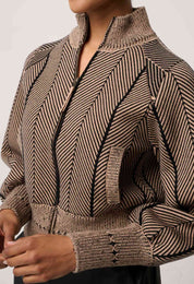 Jeanne Wool Blend Textured Knit Bomber Jacket in Tan Chevron