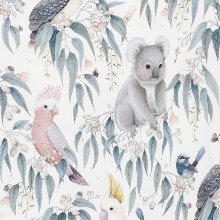 Close up of Australian bush print featuring koala kookaburra galah cockatoo and native foliage on fabric