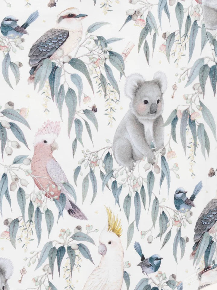 Close up of Australian bush print featuring koala kookaburra galah cockatoo and native foliage on fabric