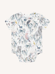 Baby bodysuit with Australian bush animals and birds pattern including koalas cockatoos galahs kookaburras and native flora