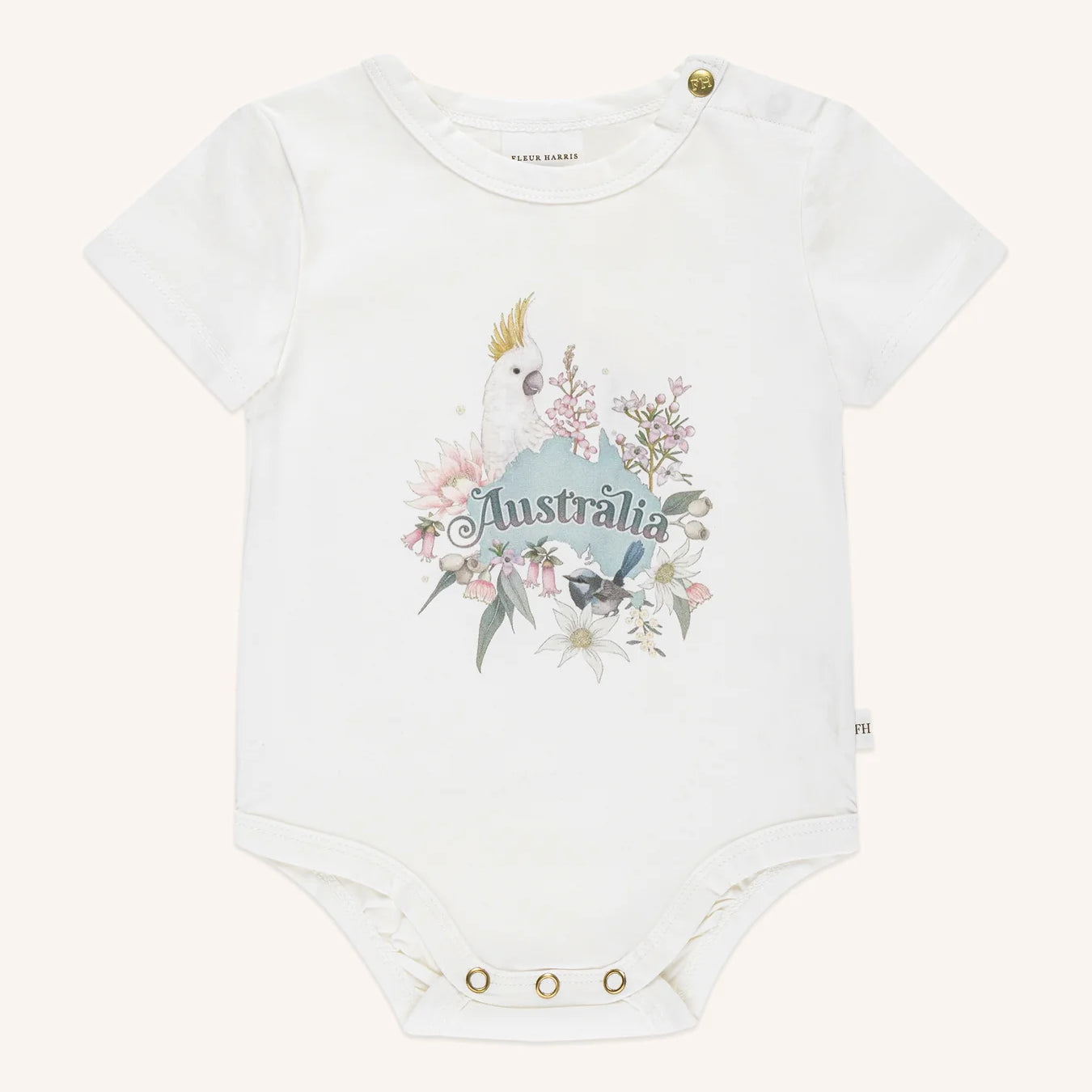 Fleur Harris Bush Babies Australia Bush Bodysuit in Snow colour with native bird and floral illustration on soft cotton jersey.