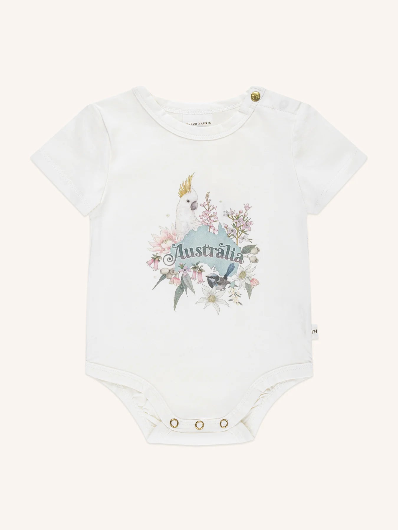 Fleur Harris Bush Babies Australia Bush Bodysuit in Snow colour with native bird and floral illustration on soft cotton jersey.