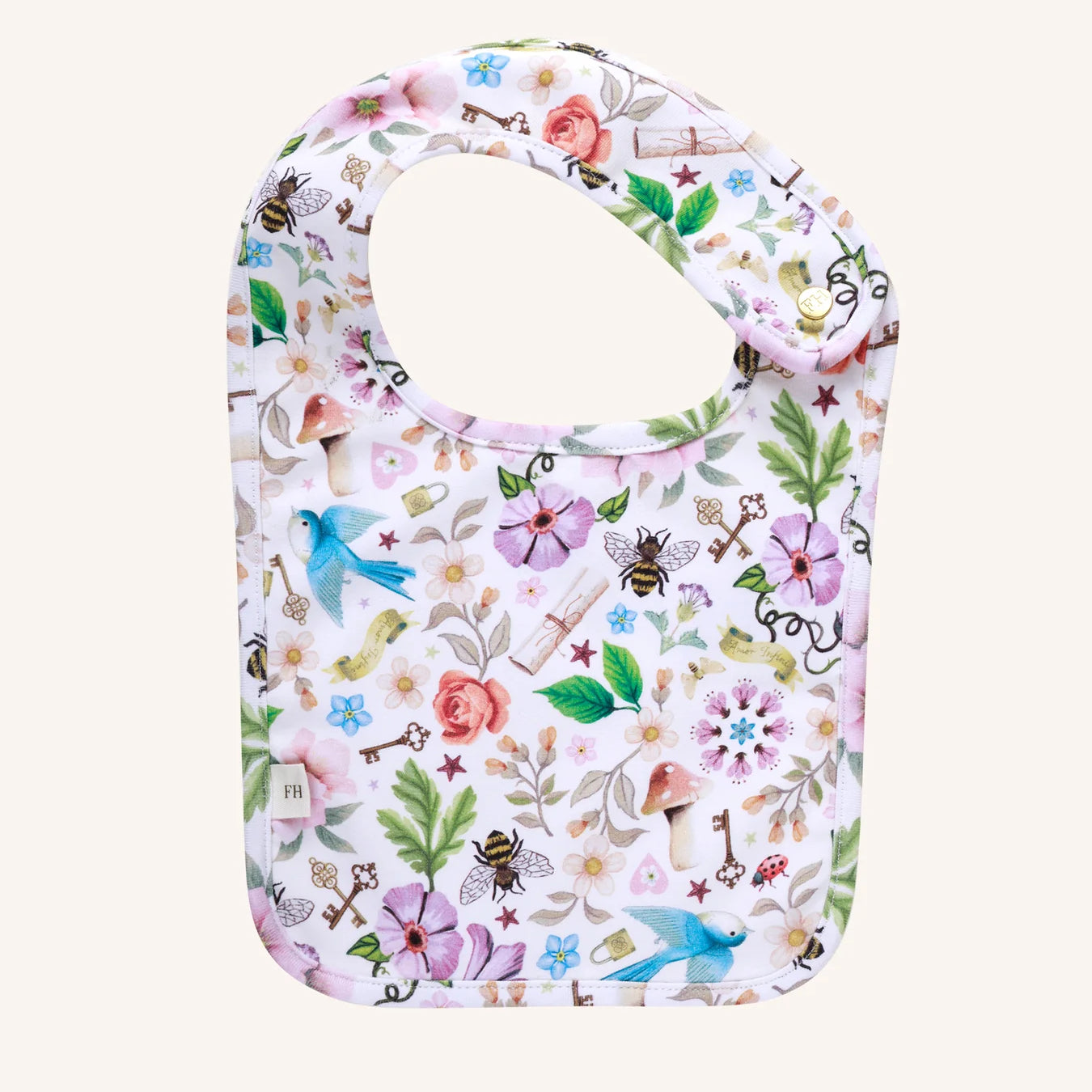 Fleur Harris Dandy Duo Bib with Secret Diary All My Hearts print, showcasing flowers, birds, bees, and whimsical details on soft cotton fabric.