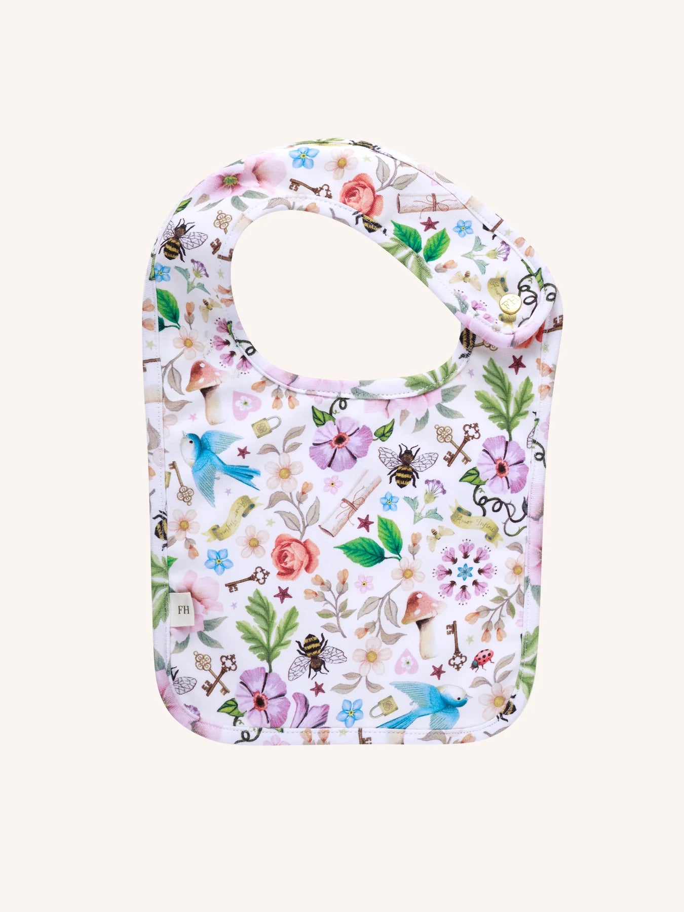 Fleur Harris Dandy Duo Bib with Secret Diary All My Hearts print, showcasing flowers, birds, bees, and whimsical details on soft cotton fabric.