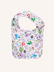 Fleur Harris Dandy Duo Bib with Secret Diary All My Hearts print, showcasing flowers, birds, bees, and whimsical details on soft cotton fabric.