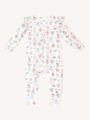 Flat lay of long sleeve frill coverall with all over print of party motifs ballet dresses cakes teapots and bunting