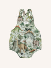 Fleur Harris Prehistorica Brontis Romper in Olive Leaf with all-over dinosaur print on soft linen fabric.