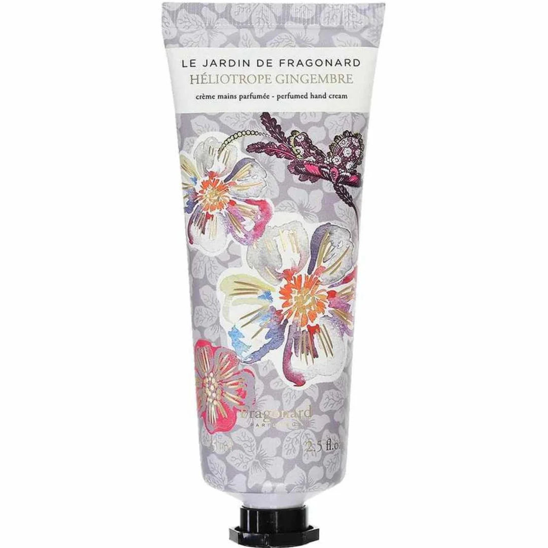 Fragonard Heliotrope Gingembre perfumed hand cream 75ml luxury French skincare with spicy ginger and sweet heliotrope scent made with 95 percent natural ingredients nourishing hydrating non greasy formula softens and smooths hands perfect gift or daily beauty essential