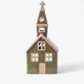Front view of olive green ceramic tea light church with steeple and cross detail