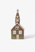 Front view of olive green ceramic tea light church with steeple and cross detail