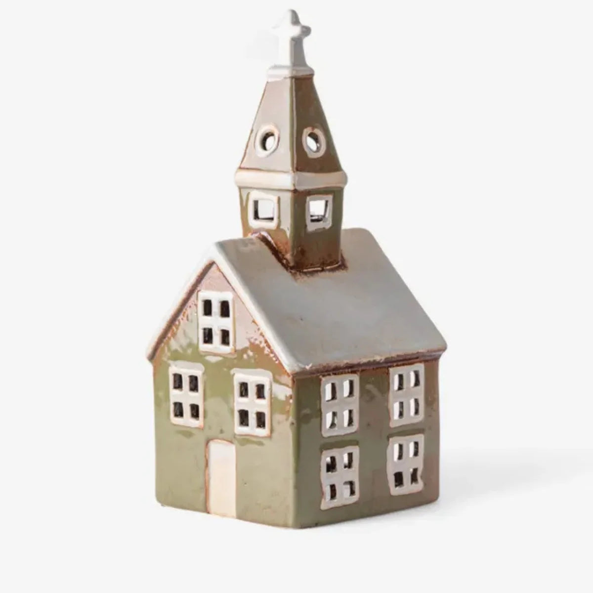 Olive green ceramic tea light church with white roof, steeple, and cross on top