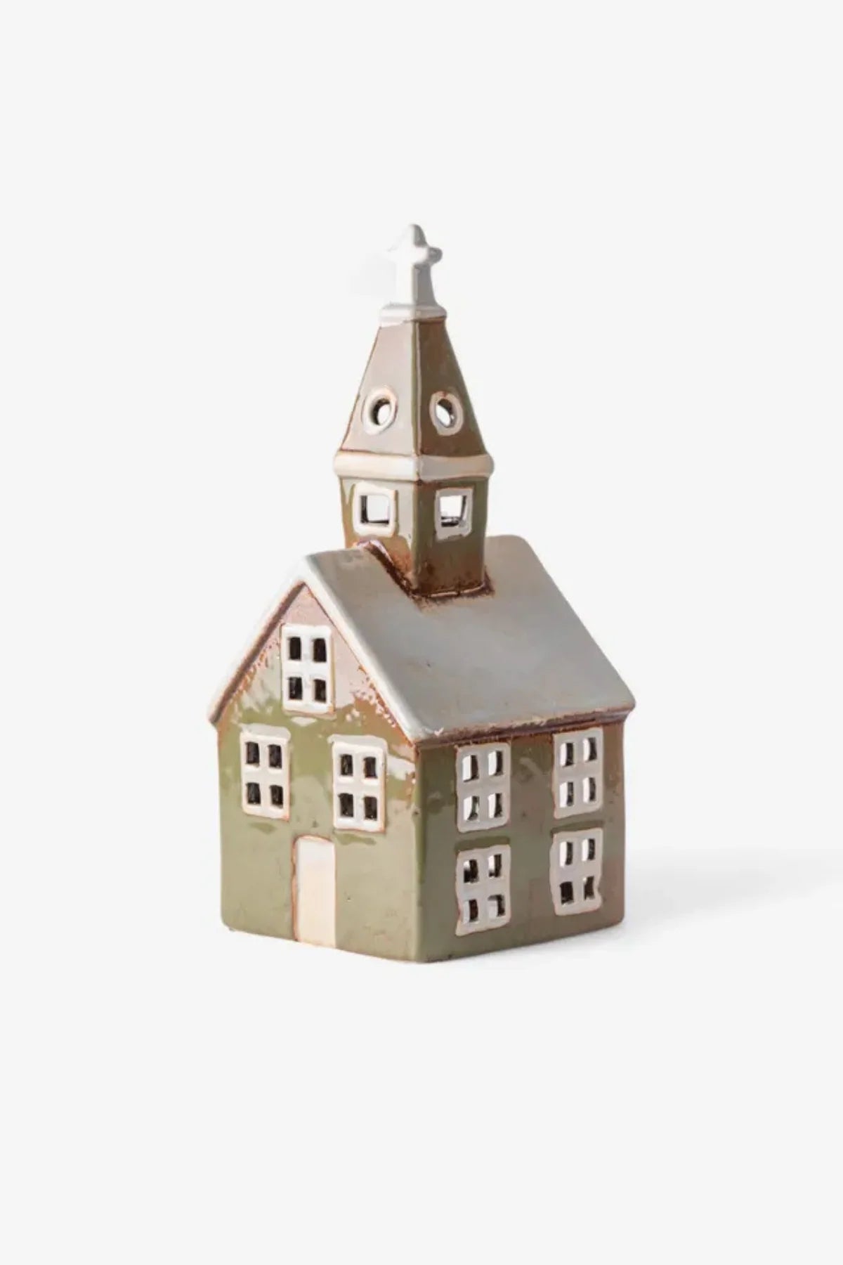 Olive green ceramic tea light church with white roof, steeple, and cross on top