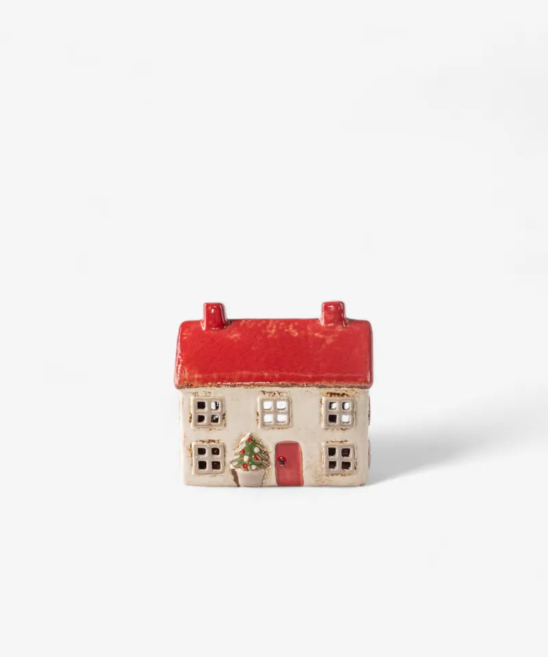 French Country Alsace Tea Light Cottage Christmas Stone ceramic house with red roof and festive tree detail, 13cm tall.