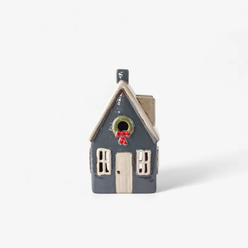 French Country Alsace Tea Light Cottage in navy with festive wreath detail, ceramic Christmas house candle holder, 19cm tall.