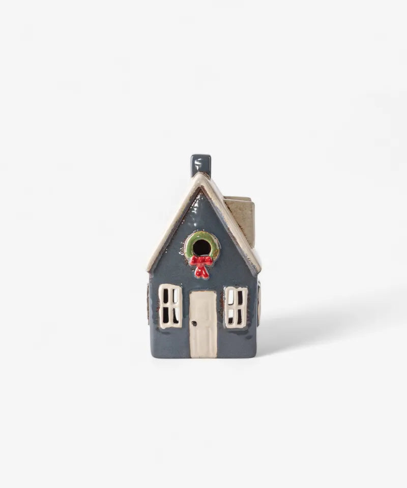 French Country Alsace Tea Light Cottage in navy with festive wreath detail, ceramic Christmas house candle holder, 19cm tall.