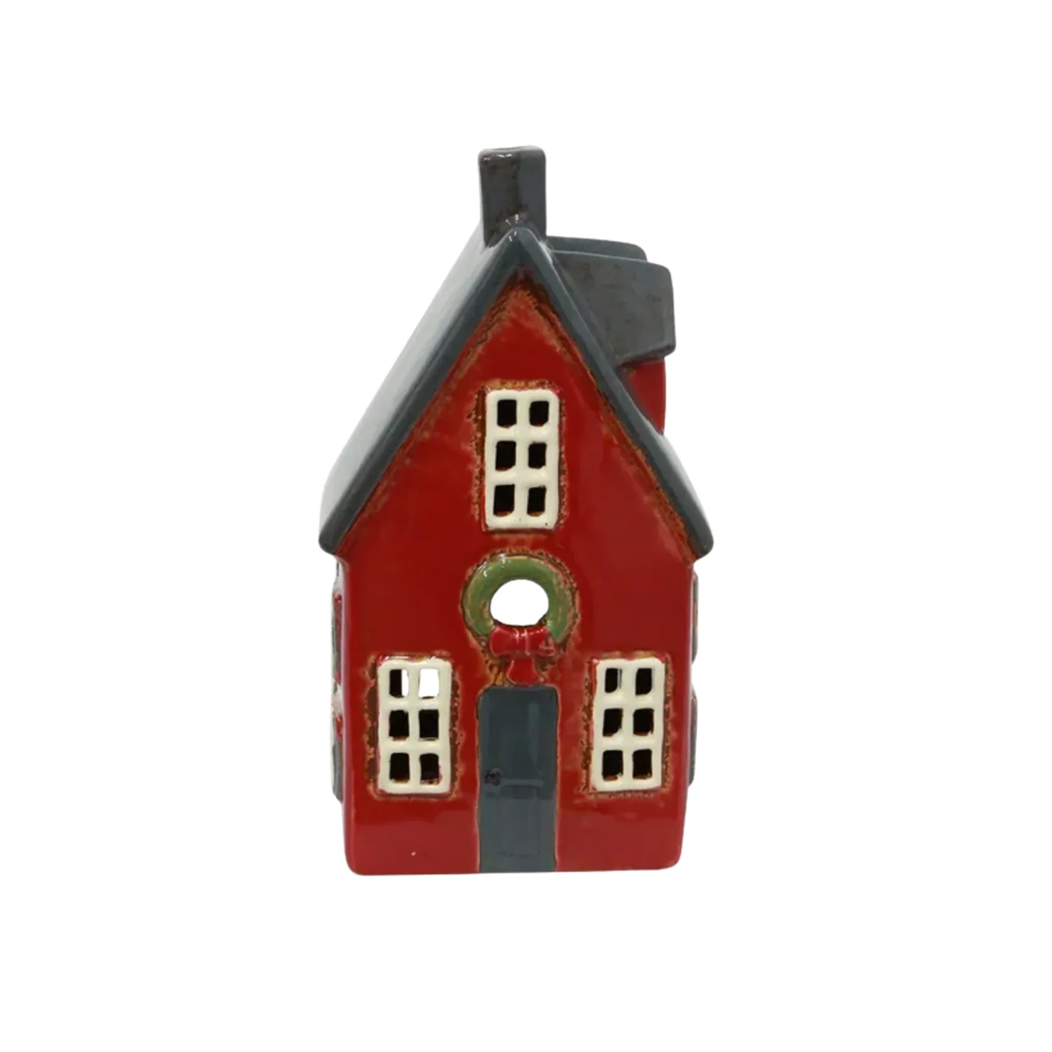 Front view of French Country Alsace Tea Light Cottage in red with a grey roof and wreath detail above the door.