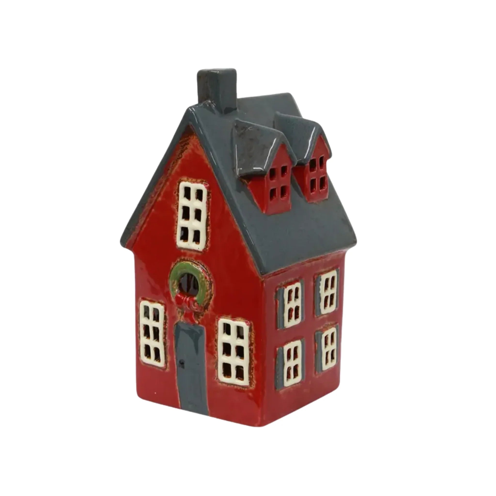 Angled side view of French Country Alsace Tea Light Cottage in red with grey roof and white windows.