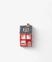 French Country Alsace Tea Light House with navy roof and red walls, ceramic Christmas village decoration, 17cm tall.