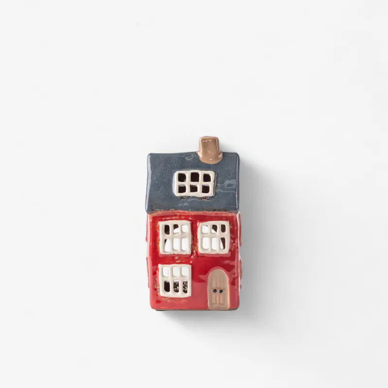 French Country Alsace Tea Light House with navy roof and red walls, ceramic Christmas village decoration, 17cm tall.