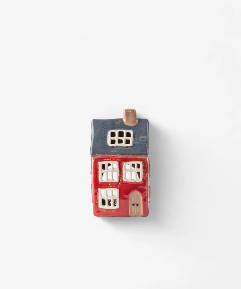 French Country Alsace Tea Light House with navy roof and red walls, ceramic Christmas village decoration, 17cm tall.