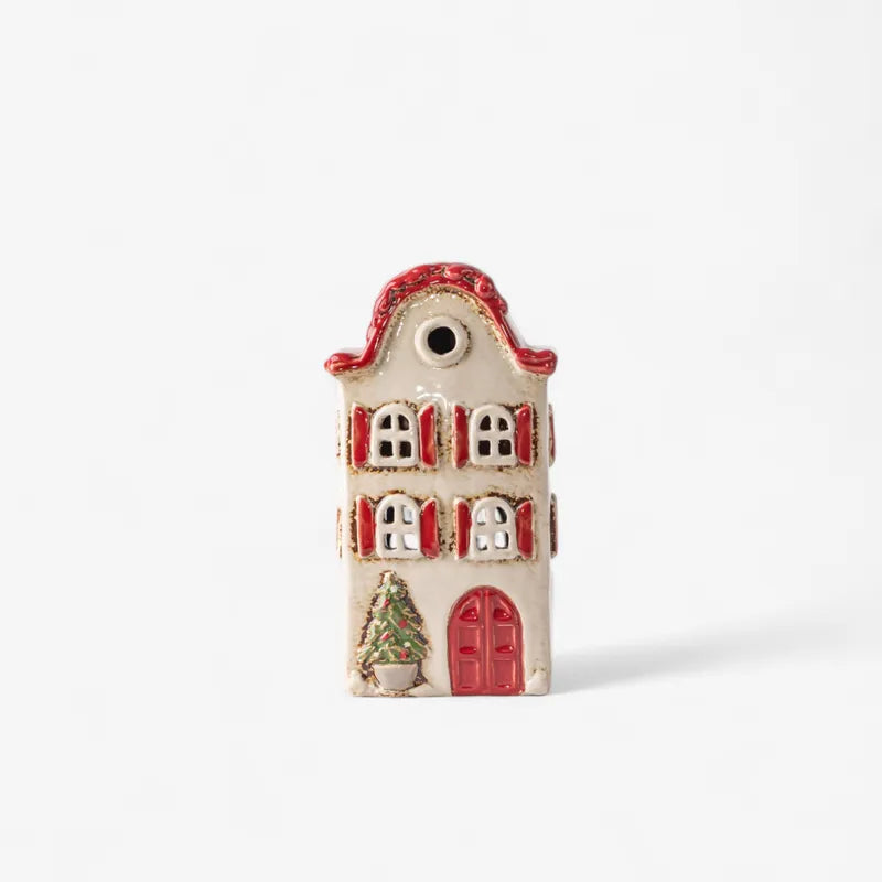 French Country Alsace Tea Light Villa Christmas ceramic house with red shutters, festive tree detail, and hand-painted finish, 19cm tall.