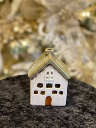 French Country Alsace Tea Light Villa olive green ceramic house with arched doorway, front view