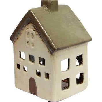 French Country Alsace Tea Light Villa ceramic house with olive green roof and cream walls, side angle view