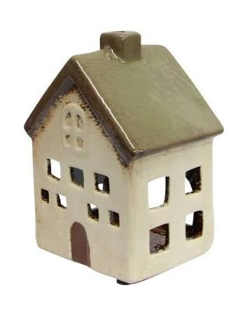 French Country Alsace Tea Light Villa ceramic house with olive green roof and cream walls, side angle view