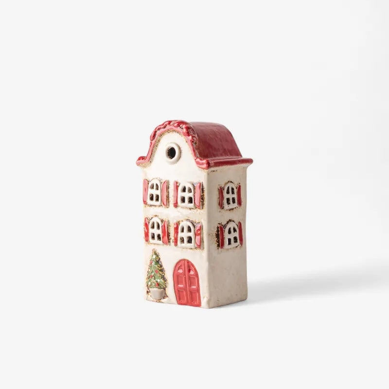 Alsace Christmas Tea Light Villa ceramic candle holder with red roof and shutters, festive holiday design by French Country.