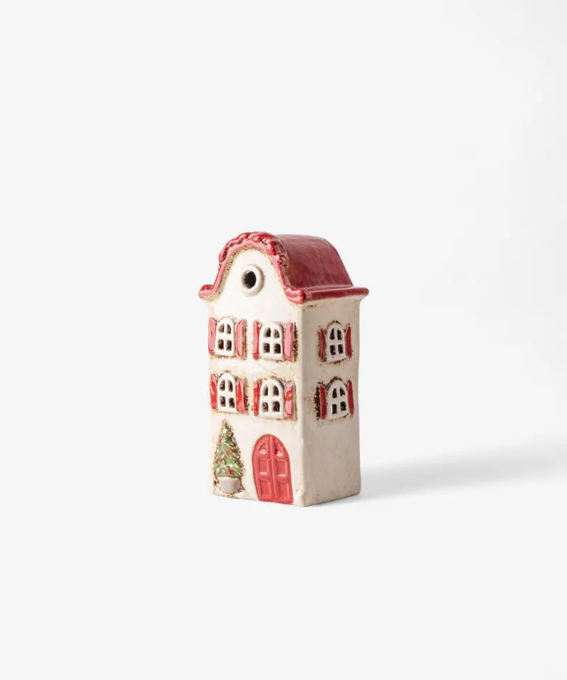 Alsace Christmas Tea Light Villa ceramic candle holder with red roof and shutters, festive holiday design by French Country.