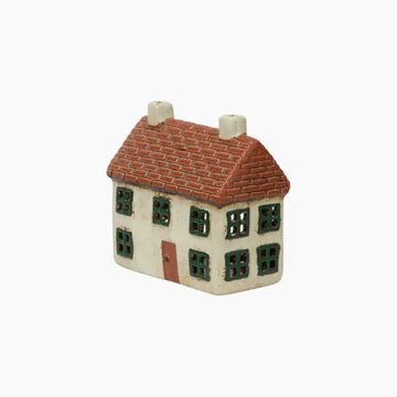 French Country Cotswolds Country Tea Light Cottage ceramic house with terracotta roof and green windows, angled view