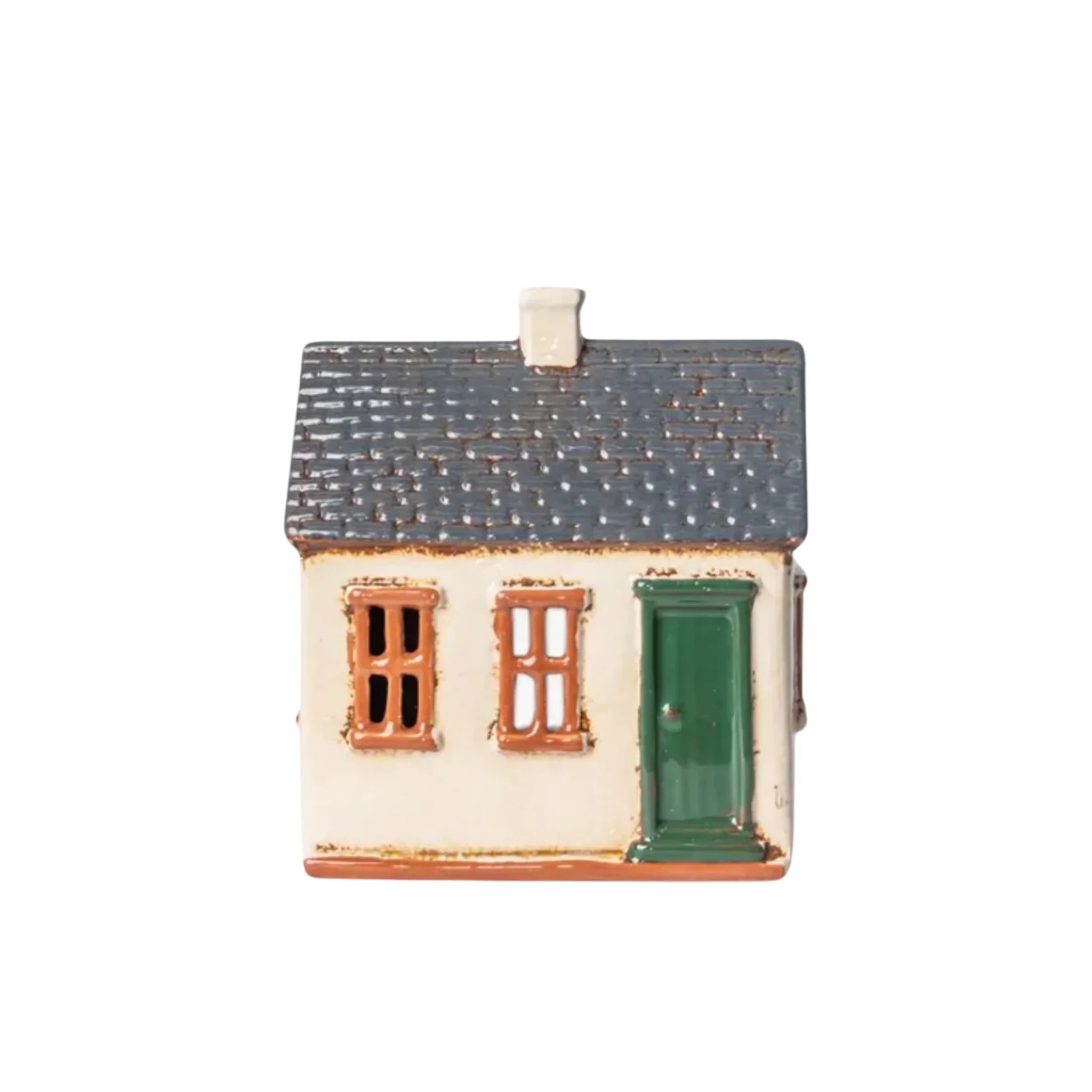 Front view of French Country Cotswolds Country Tea Light Homestead with grey tiled roof, cream walls, and green door.