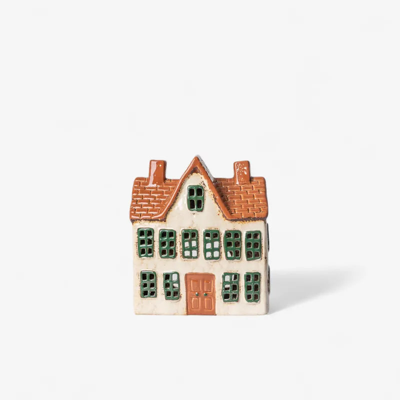 French Country Cotswolds Country Tea Light Manor ceramic house with rustic brick roof and green windows, 17cm decorative piece.