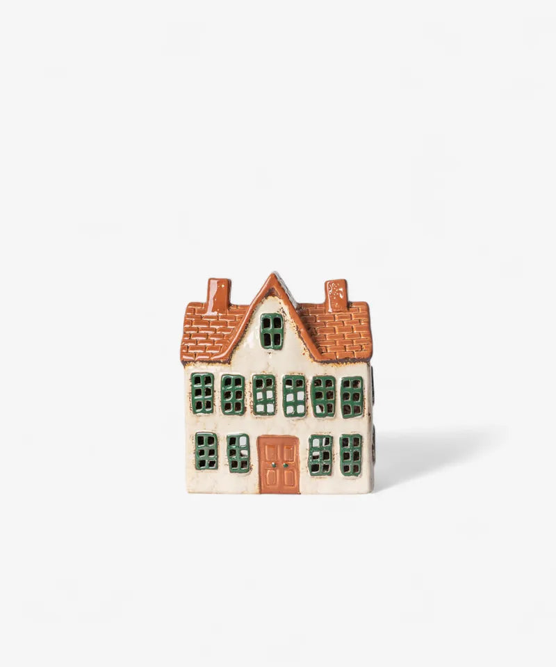 French Country Cotswolds Country Tea Light Manor ceramic house with rustic brick roof and green windows, 17cm decorative piece.