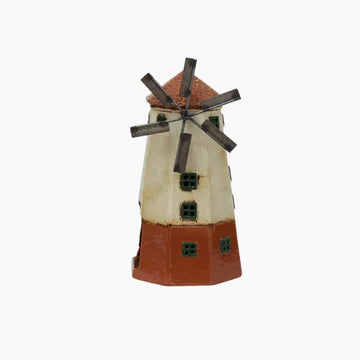 Rustic ceramic windmill tea light holder with terracotta base, cream body, small green windows, and metal blades
