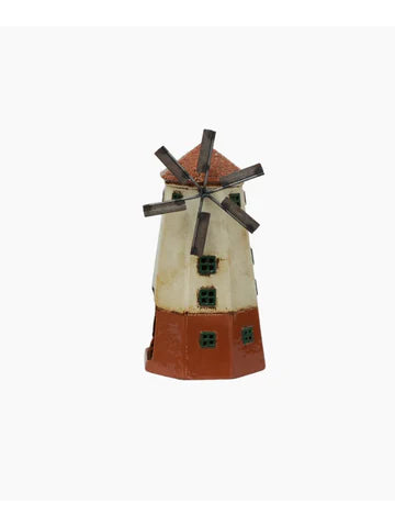 Rustic ceramic windmill tea light holder with terracotta base, cream body, small green windows, and metal blades