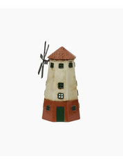 Side view of ceramic windmill tea light holder featuring terracotta base, cream tower, and rotating metal blades