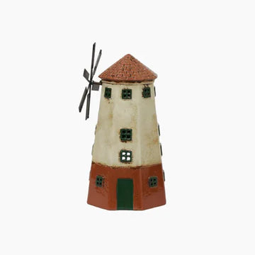 Side view of ceramic windmill tea light holder featuring terracotta base, cream tower, and rotating metal blades