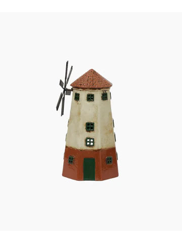Side view of ceramic windmill tea light holder featuring terracotta base, cream tower, and rotating metal blades