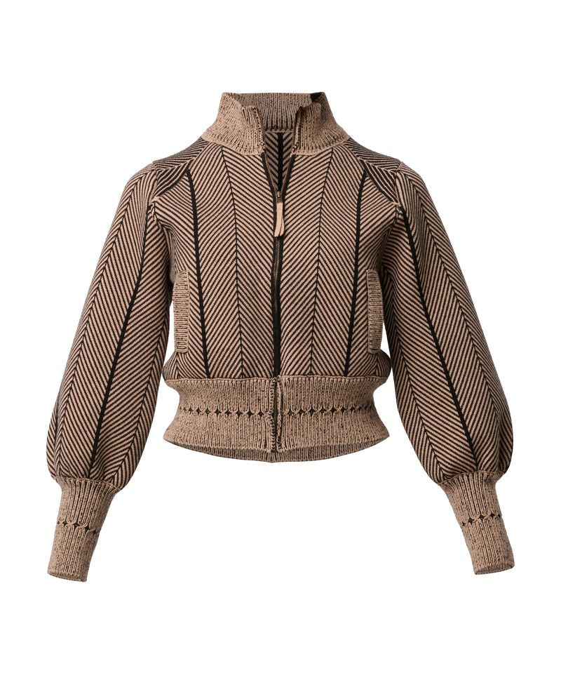 Jeanne Wool Blend Textured Knit Bomber Jacket in Tan Chevron