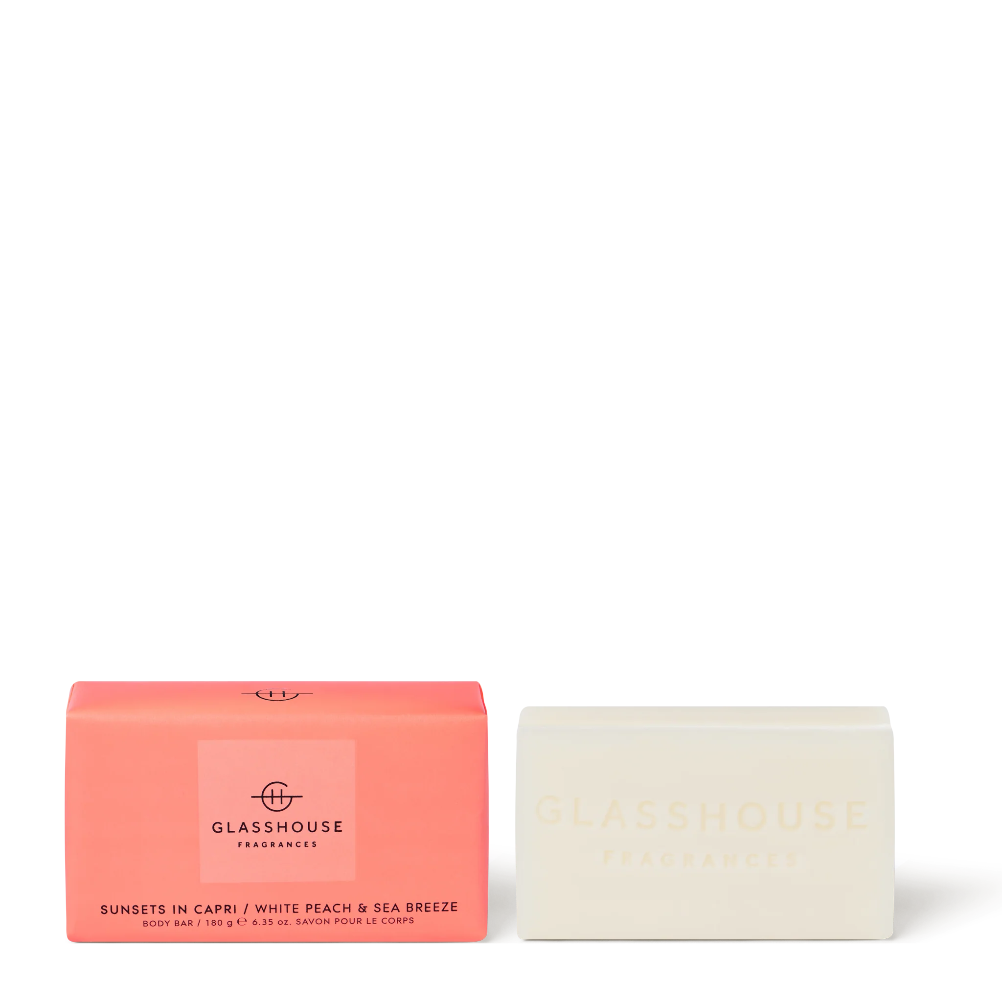 GLASSHOUSE Fragrances 180g Body Bar Sunset In Capri in packaging with bar soap beside it.