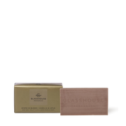 Glasshouse Kyoto In Bloom 180g Body Bar with Camellia & Lotus, showing the gold packaging and mauve-toned soap bar.